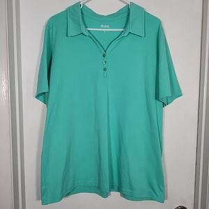Blair Womens 2XL Blue/Green Polo Shirt Top V-neck Collar Buttons Short Sleeve